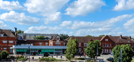 Basingstoke, United Kingdom - June 14 2018:   A view of Basingstoke Train Station on a sunny dayのeditorial素材