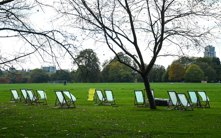 A row of deck chairs available to hire on the edges of Hyde Parkの写真素材