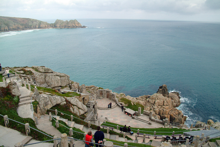 Porthcurno, United Kingdom - March 30 2005:   A view of the cliff top open air Minack theatre in Cornwallのeditorial素材