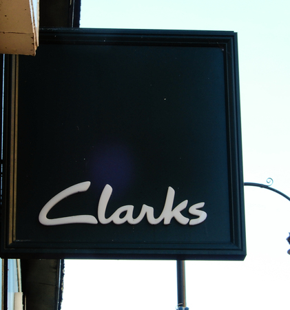 Reading, England - December 01 2017:   Hanging sign for Clarks Shoes in Broad Street, Readingのeditorial素材