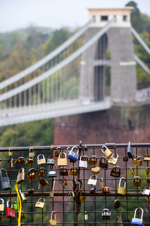 A selection of so called love locks - padlocks left as a sign of love, overlooking Clifton Suspension Bridgeのeditorial素材