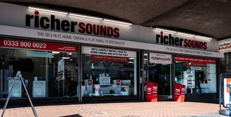 Birmingham, England - March 17 2019:   The front of Richer Sounds hi fi store in Smallbrook...