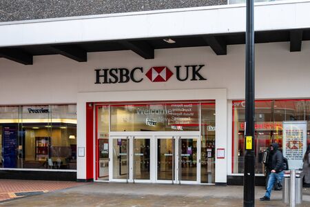 Birmingham, England - March 17 2019:   The entrance to the branch of HSBC Bank in New Street