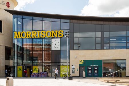 Swindon, United Kingdom - May 04 2019:   The entrance to Morrisons Supermarket at Regent Circus