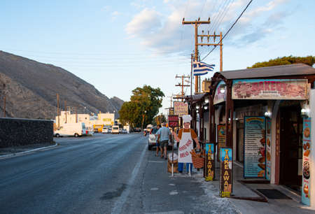 Perissa, Greece - July 11 2019:   The front of the Perissa Bakery store on the Perissa Fira roadのeditorial素材