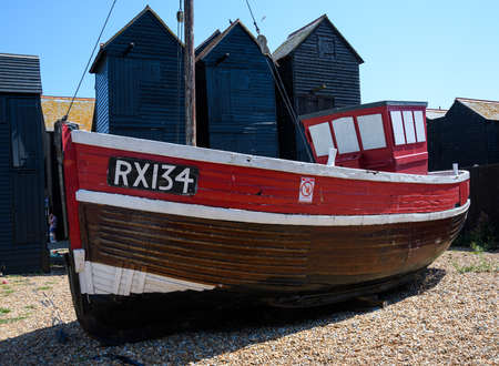 Hastings, United Kingdom - July 31 2020:  An old fishing boat placed as a decoratiive attraction photographed from Rock-a-nore Roadのeditorial素材