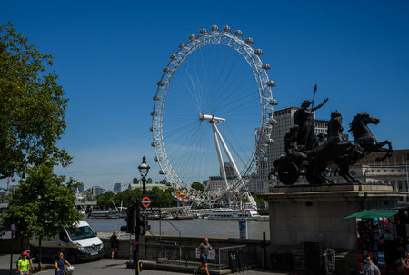 London, United Kingdom - July 30 2020:  The London Eye overlooking the River Thames as seen from Westminster Bridgeのeditorial素材