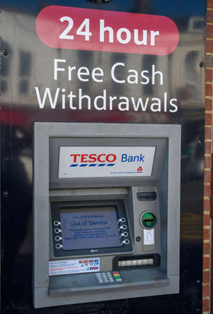 Hastings, United Kingdom - July 31 2020:  The frontage of Tesco Cash point in Old London Roadのeditorial素材