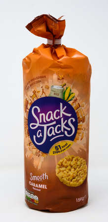 Reading, United Kingdom - July 13 2020:  A packet of caramel flavoured Snack A Jack rice cakesのeditorial素材