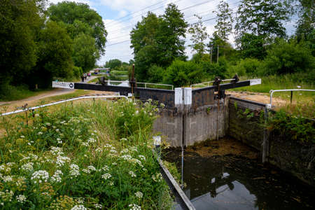 Thatcham, United Kingdom - June 09 2020:  The gate of Monkey Marsh Lock on the River Kennet off...