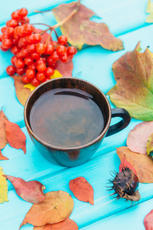 A cup of hot tea on a table in the autumn with fallen leavesの写真素材