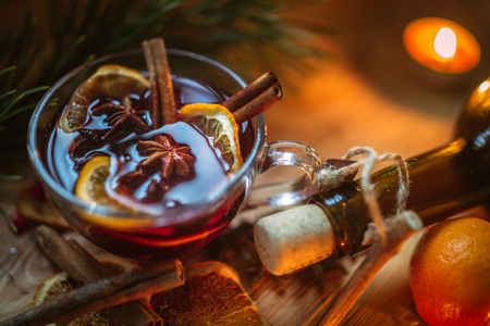 Spiced Homemade Mulled Wine with Orange and Cinnamonの写真素材