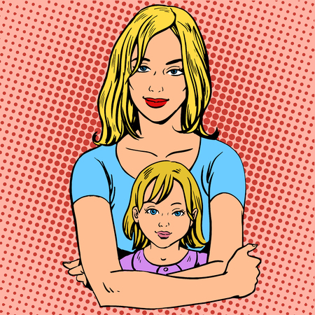 young mother and daughter motherhood childhood retro style pop artのイラスト素材