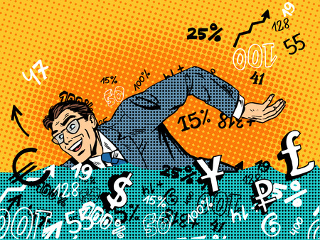 Businessman swimming in money business concept Finance banks in the market. Retro style pop artのイラスト素材