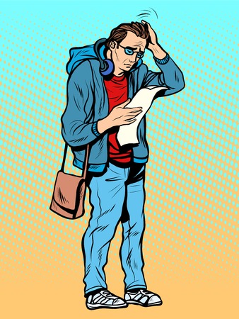 Man and the list confusion. Long list. Check the price of the goods. The buyer in the storeのイラスト素材