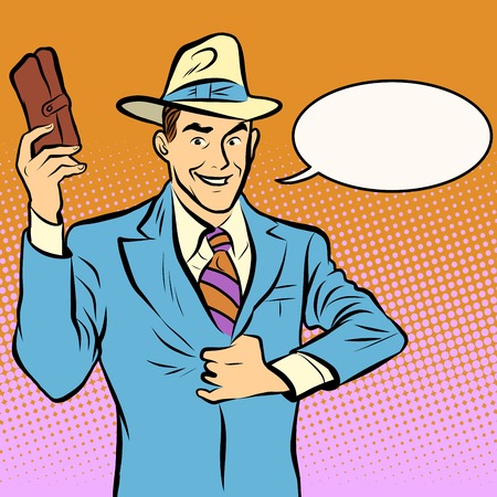 Businessman with purse pop art retro style. Business and Finance. A wealthy gentlemanのイラスト素材