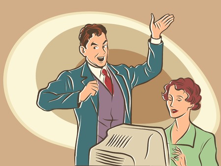 Retro businessman Secretary dictates the text pop art line art comic retro. The writer worksのイラスト素材