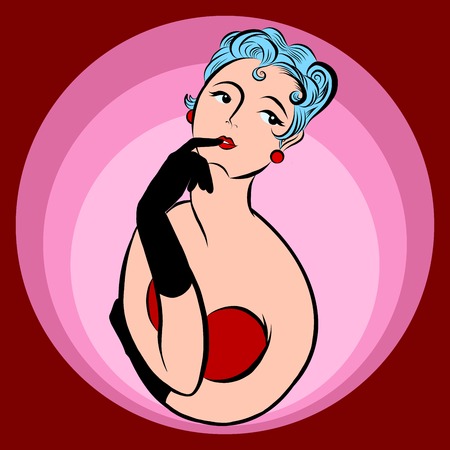 brooding retro girl. Portrait of a beautiful woman. Girl in a bright outfit with jewelry. Red circle...