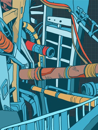 Retro industrial landscape background. Vector retro illustration. The city plants pipeのイラスト素材