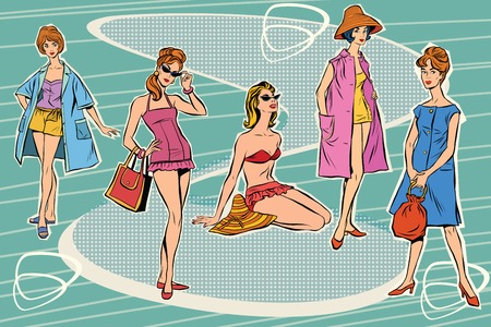 Set beautiful retro woman pop art. Summer beach beauties. The rest of the sea. Tourism and journey. The summer season. Fashion and beauty. Beach fashionのイラスト素材