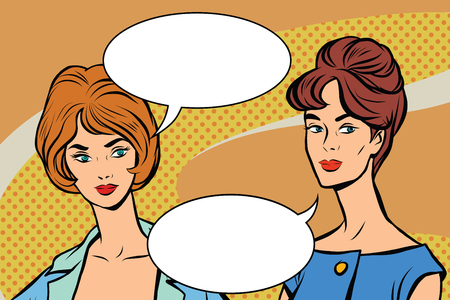 Two girlfriends retro women, retro pop art. Girls talk. Beautiful womenのイラスト素材