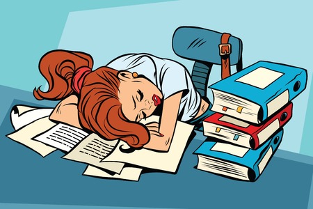 Young woman sleeping at work or school pop art comic book character. Education and College.のイラスト素材