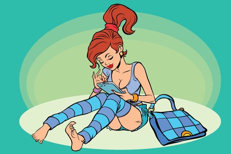 Young woman reading smartphone pop art comic book character. Lifestyle, people and gadgetsのイラスト素材