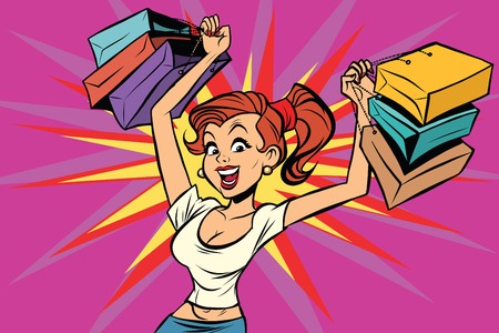 Young woman buyer discounts sale pop art comic book character. Shopping in storeのイラスト素材