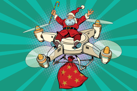 Retro Santa Claus flies on the drone, pop art comic book vector illustration. A bag with gifts. New year and Christmasのイラスト素材