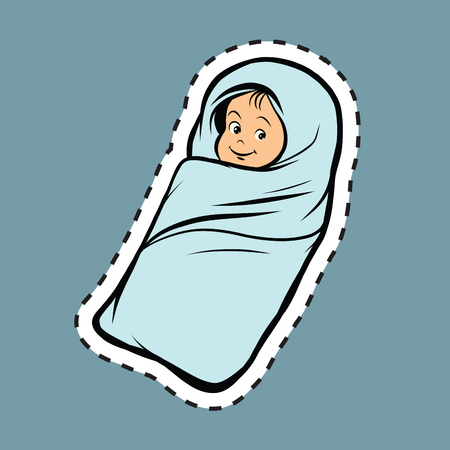 Newborn baby pop art label sticker, retro comic book vector illustration. Child birthdayのイラスト素材