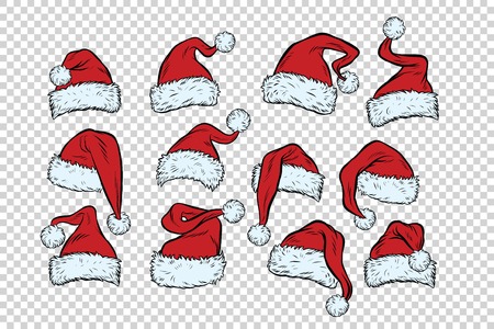 set Christmas hats Santa Claus, pop art retro comic book vector illustration. The new year holiday carnival. Isolated backgroundのイラスト素材