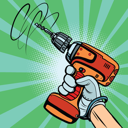 Tool electric drill in hand, pop art retro comic book vector illustration. Home and professional equipmentの写真素材