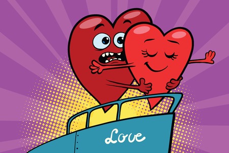 red hearts Valentine floating on a ship, pop art retro comic book illustration. Valentines day red hearts. Love couple male and female characterのイラスト素材