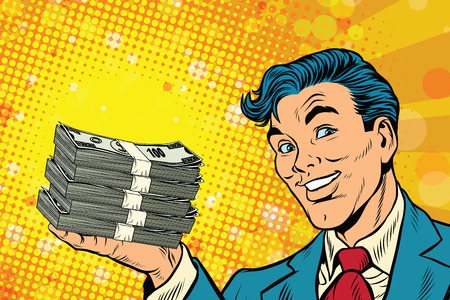 Financial success businessman with money, pop art retro comic book illustration. Lottery and cash prizeのイラスト素材