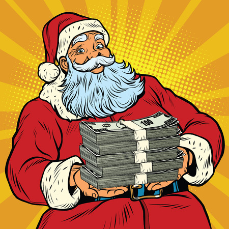 Santa Claus with money, pop art retro comic book illustration. Christmas discounts and salesのイラスト素材