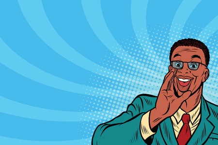 Pop art promo businessman in glasses, retro comic book illustration. African American peopleのイラスト素材