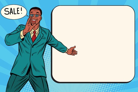 sale businessman promoter, pop art retro comic book illustration. Discounts in shops. Man advertises shopping. African American peopleのイラスト素材