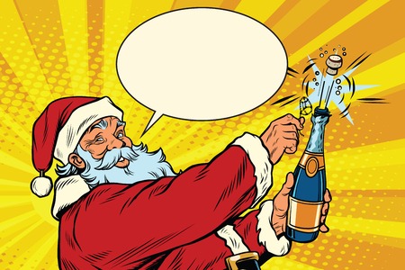 Santa Claus opens a bottle of champagne, pop art retro vector. Christmas holiday and New year. Alcohol and sparkling wine. Comic bubble cloudのイラスト素材