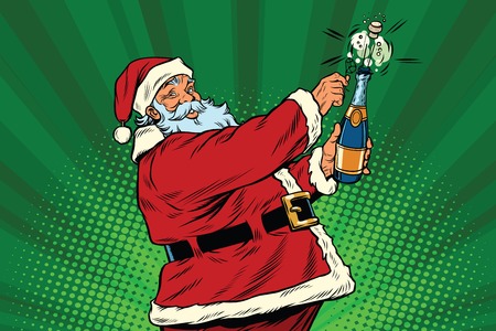 Santa Claus opens a bottle of champagne, pop art retro vector. Christmas holiday and New year. Alcohol and sparkling wineのイラスト素材