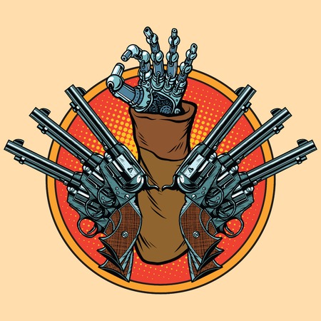 Steampunk robot okay gesture. Pop art retro revolver vector illustration. Western style.のイラスト素材