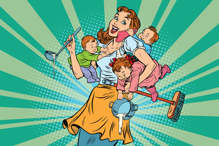Cheerful mother with three children working and talking on the phone. Comic pop art illustration vector drawingのイラスト素材