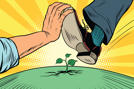 Activist to protect nature. The human foot comes to green sprout, ecology. Pop art retro vector vintage illustration. Earth day and eco policyのイラスト素材