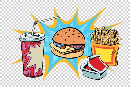 Fast food set Burger fries drink and sauce. Retro comic book style pop art retro illustration color vectorの写真素材