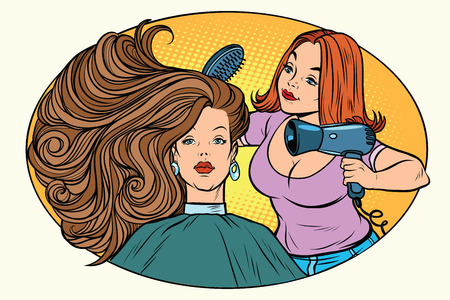blow drying women hair Barber. Comic book cartoon pop art retro style vector illustrationのイラスト素材