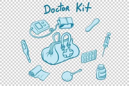 doctor kit medical instruments and medicines. Comic book cartoon pop art retro style vector illustrationのイラスト素材