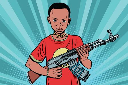 African boy with AKM automatic weapons. Comic cartoon style pop art vector retro illustrationのイラスト素材