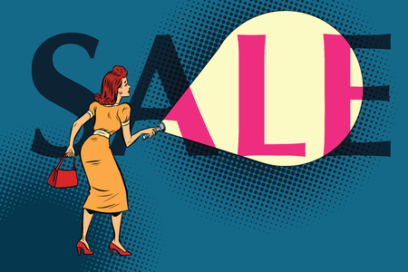 Woman shining a flashlight at the inscription sale. Comic book cartoon pop art retro color vector illustration hand drawnのイラスト素材