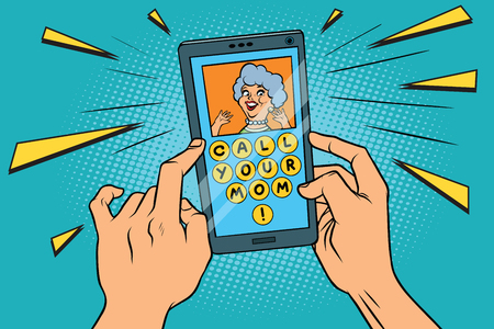 Call your mom. Smartphone and family. Cartoon comic illustration pop art retro style vectorの写真素材