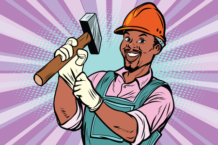 Construction worker with the repair tool hammer. African American people. Comic book cartoon pop art retro colored drawing vintage illustrationのイラスト素材