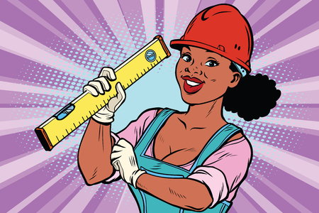 Woman professional. Construction worker with the repair tool level. African American people. Comic book cartoon pop art retro colored drawing vintage illustrationのイラスト素材